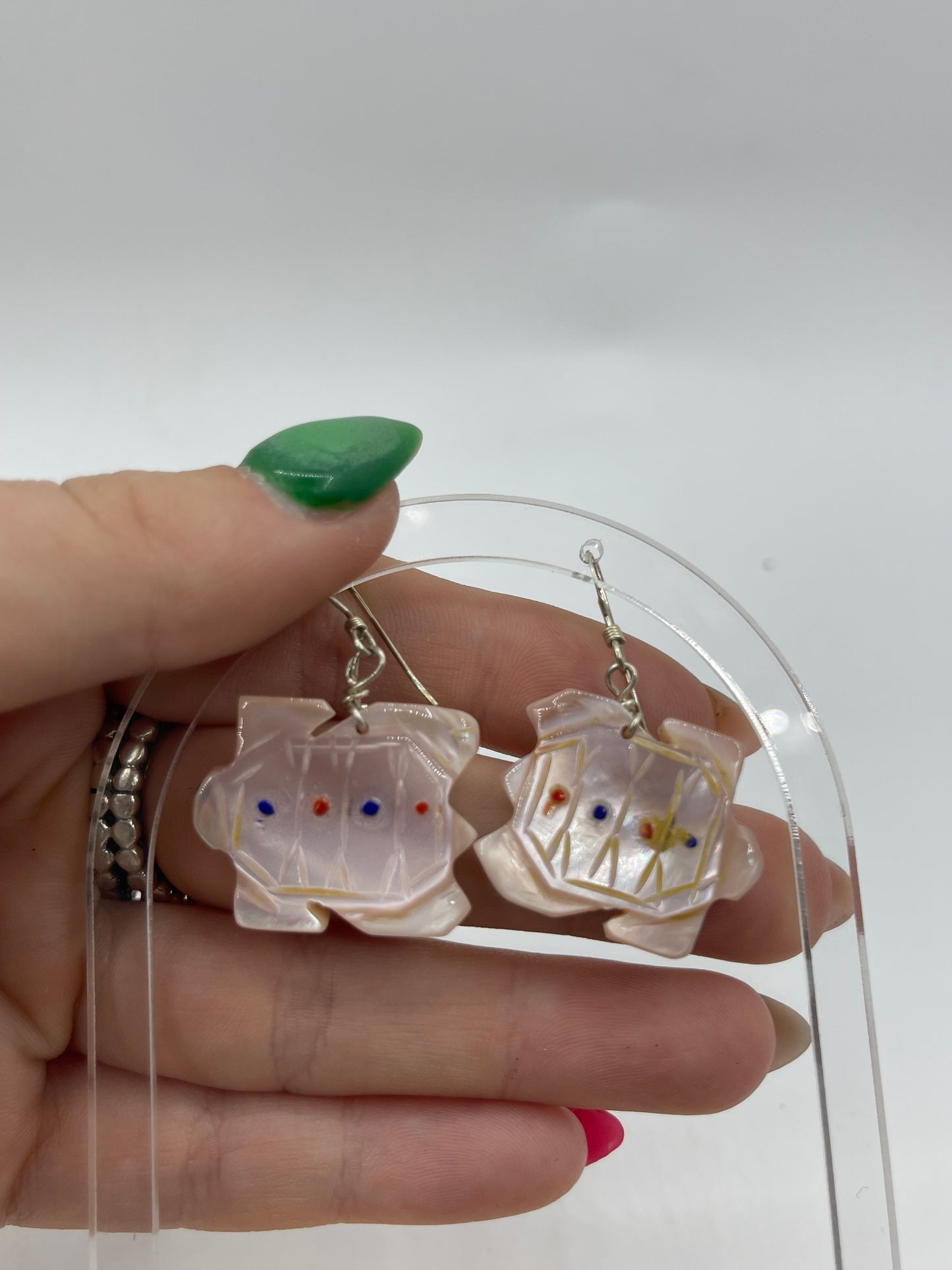 Carved Mother of Pearl Turtle Dangle Earrings by Danny Lonjose, Zuni