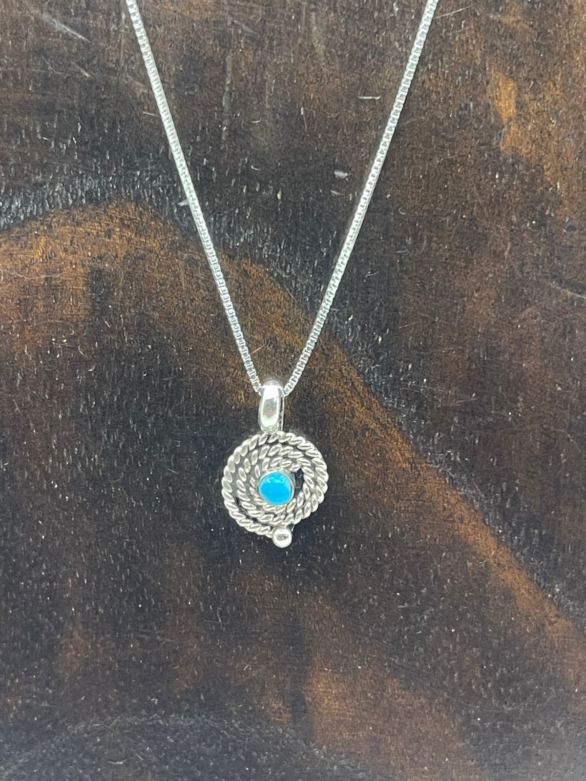 18" Tiny Rope Spiral Pendant with Turquoise by Gilbert Weebothee, Zuni