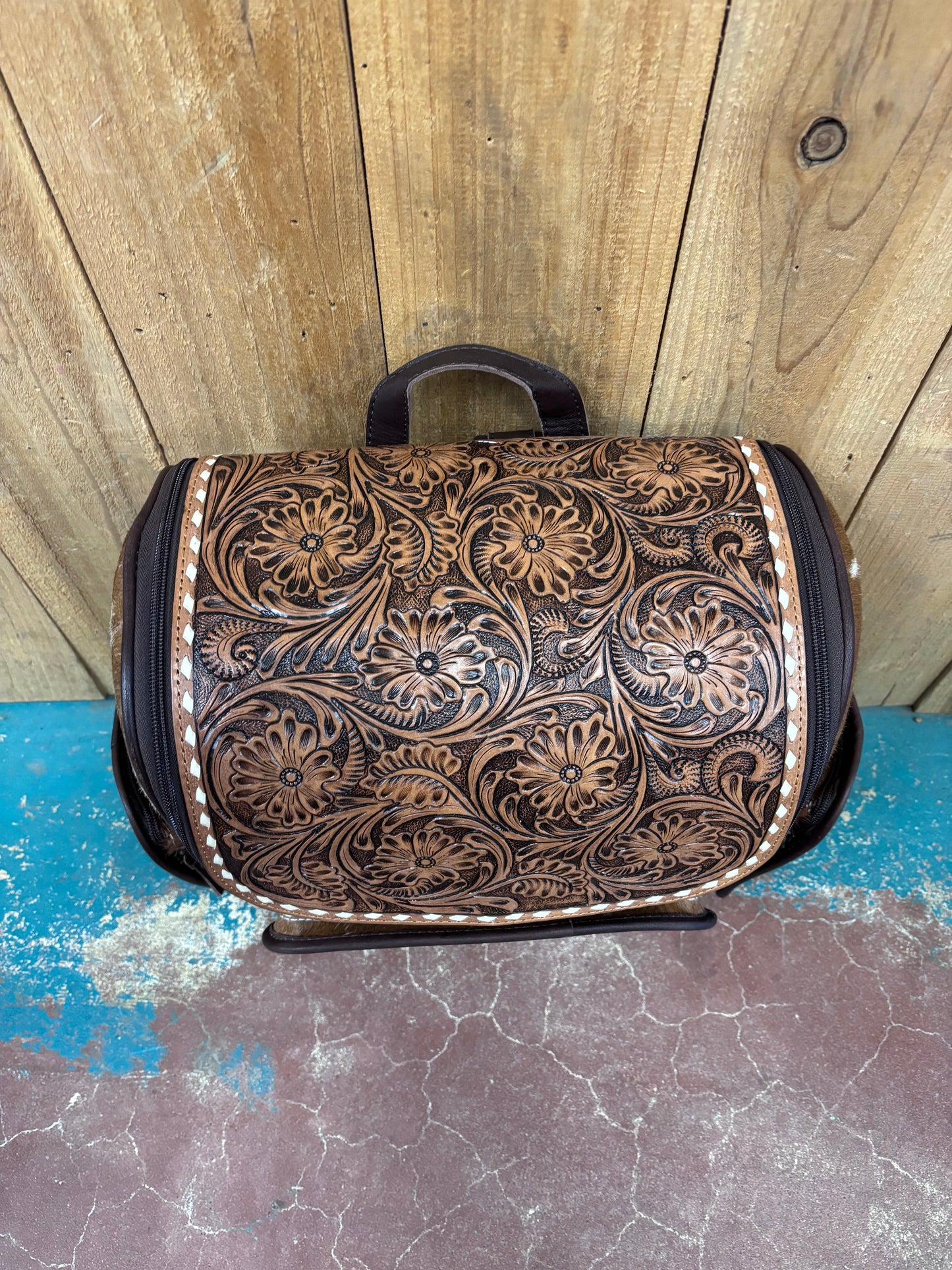 Version 1 Brown and White Cowhide Flower Tooled Leather Backpack