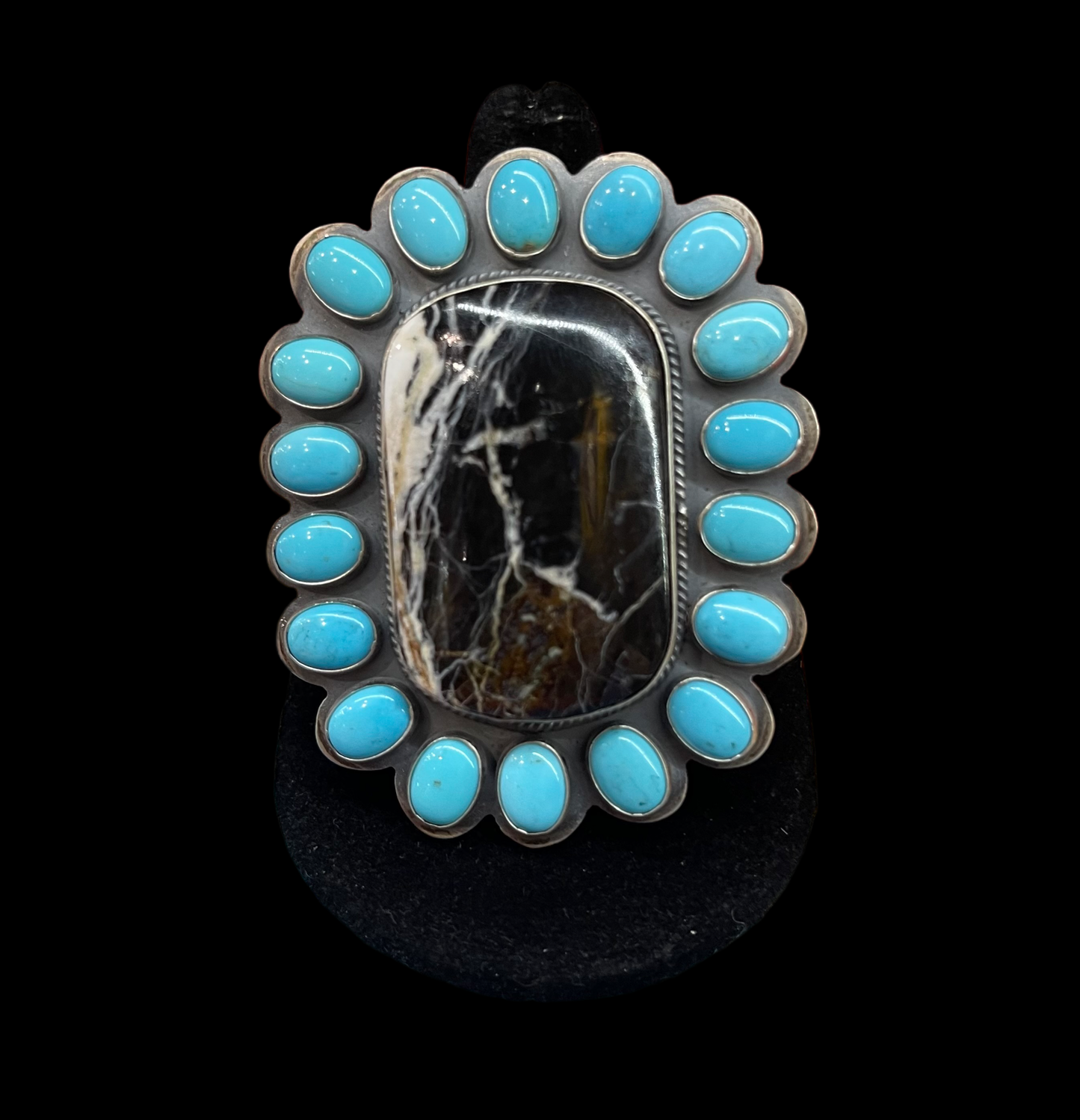 Adjustable White Buffalo and Sleeping Beauty Turquoise Ring by Steven Nez, Navajo