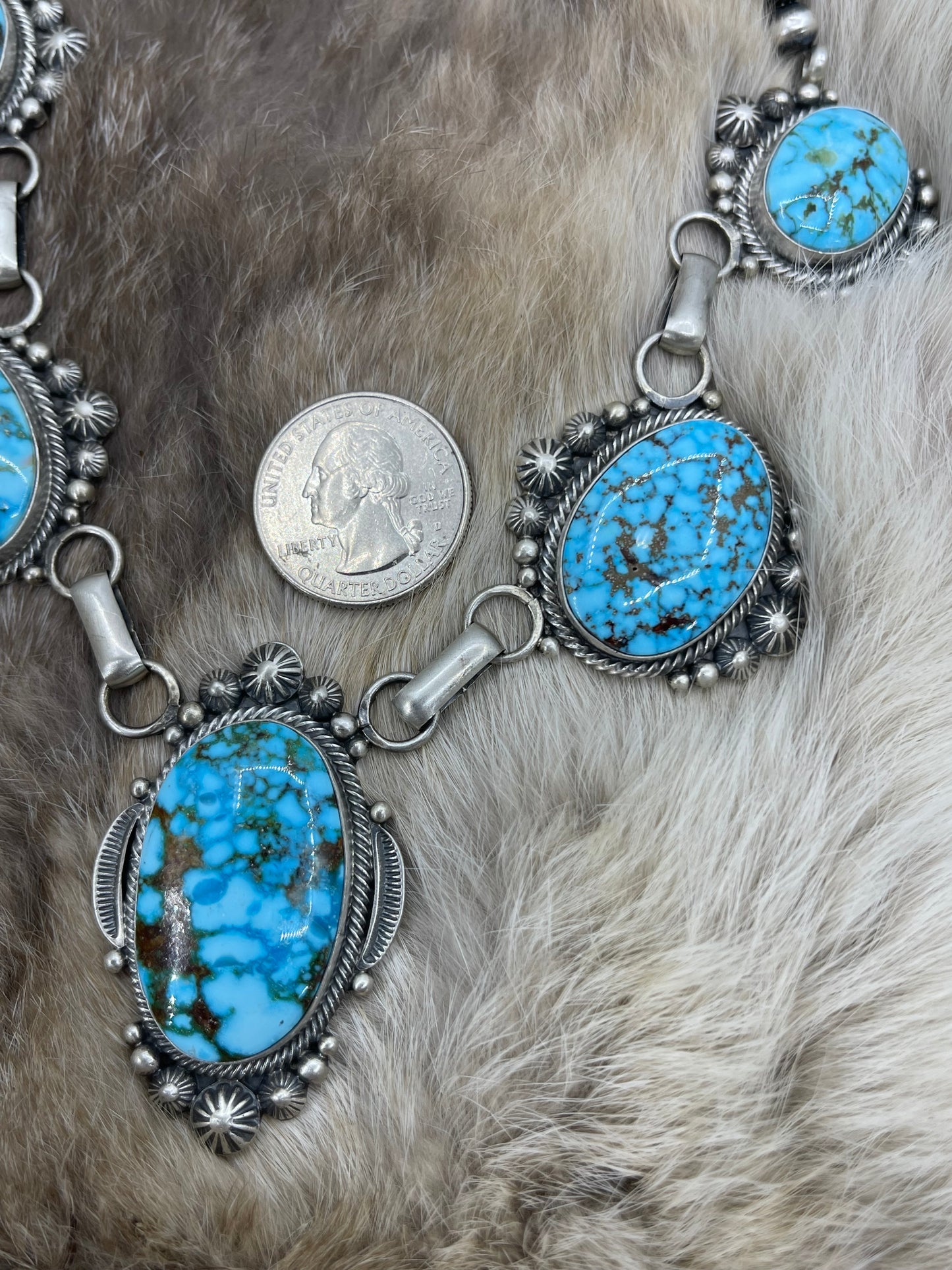 20" High Grade Kingman Spiderweb Turquoise 5 Stone Necklace by Tomm Lewis, Navajo