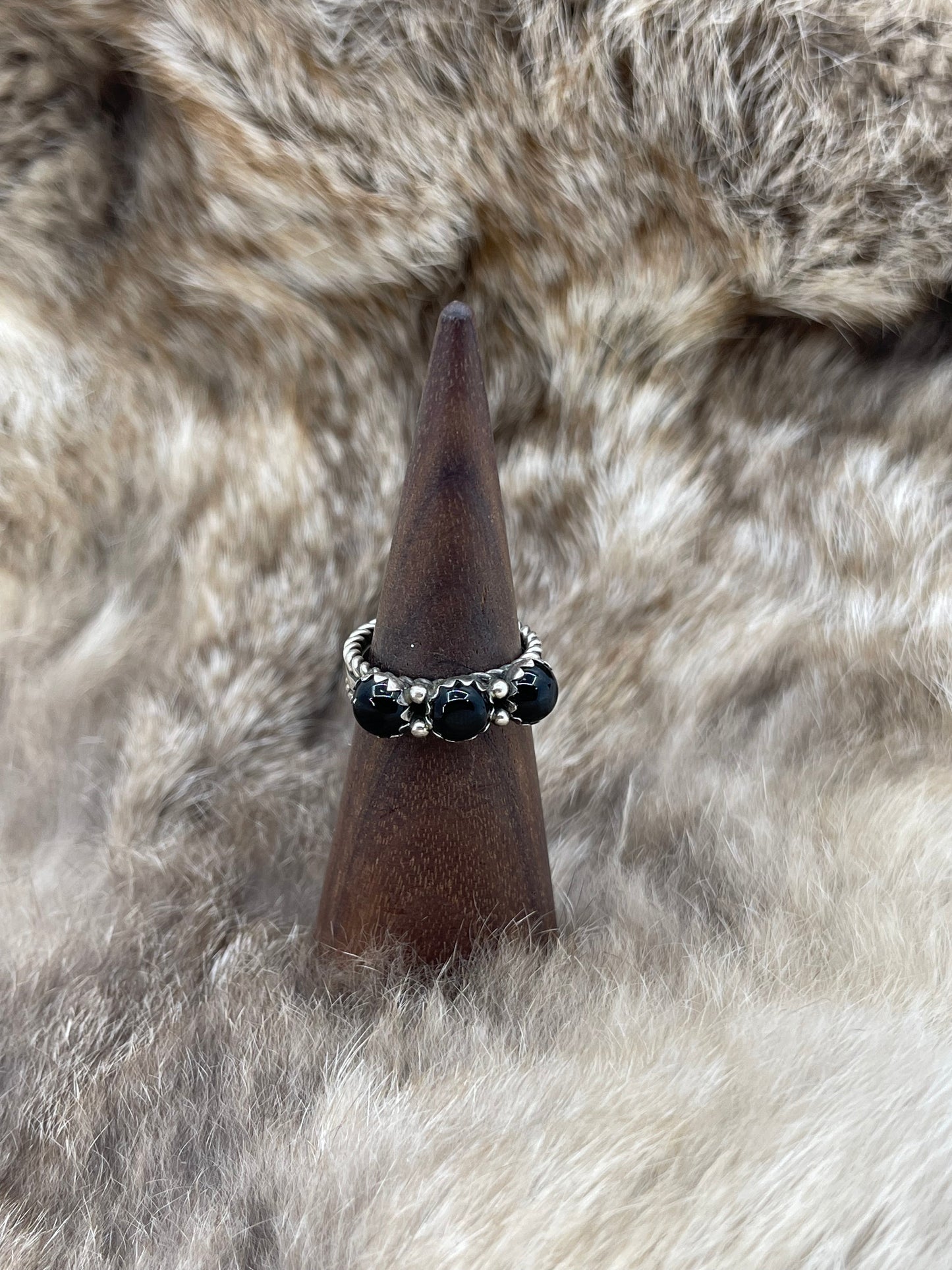 7.5 3 Stone Black Onyx Ring by Ray King, Navajo