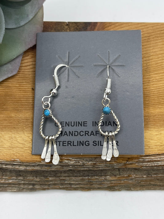 Dainty Turquoise Teardrop Fringe Dangle Earrings by Sylvia Chee, Navajo