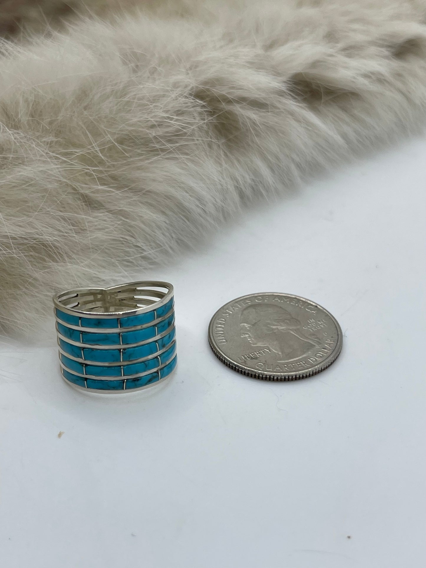 8.0 5 Row Turquoise Ring by Claresse Kyletewa, Zuni