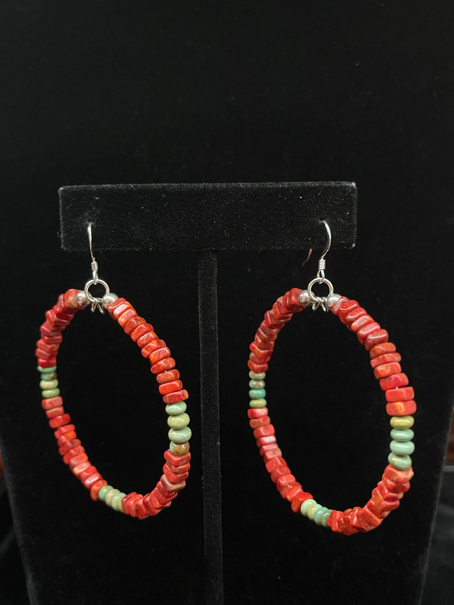 Red Apple Coral and Green Turquoise Hoop Earrings by Santo Domingo