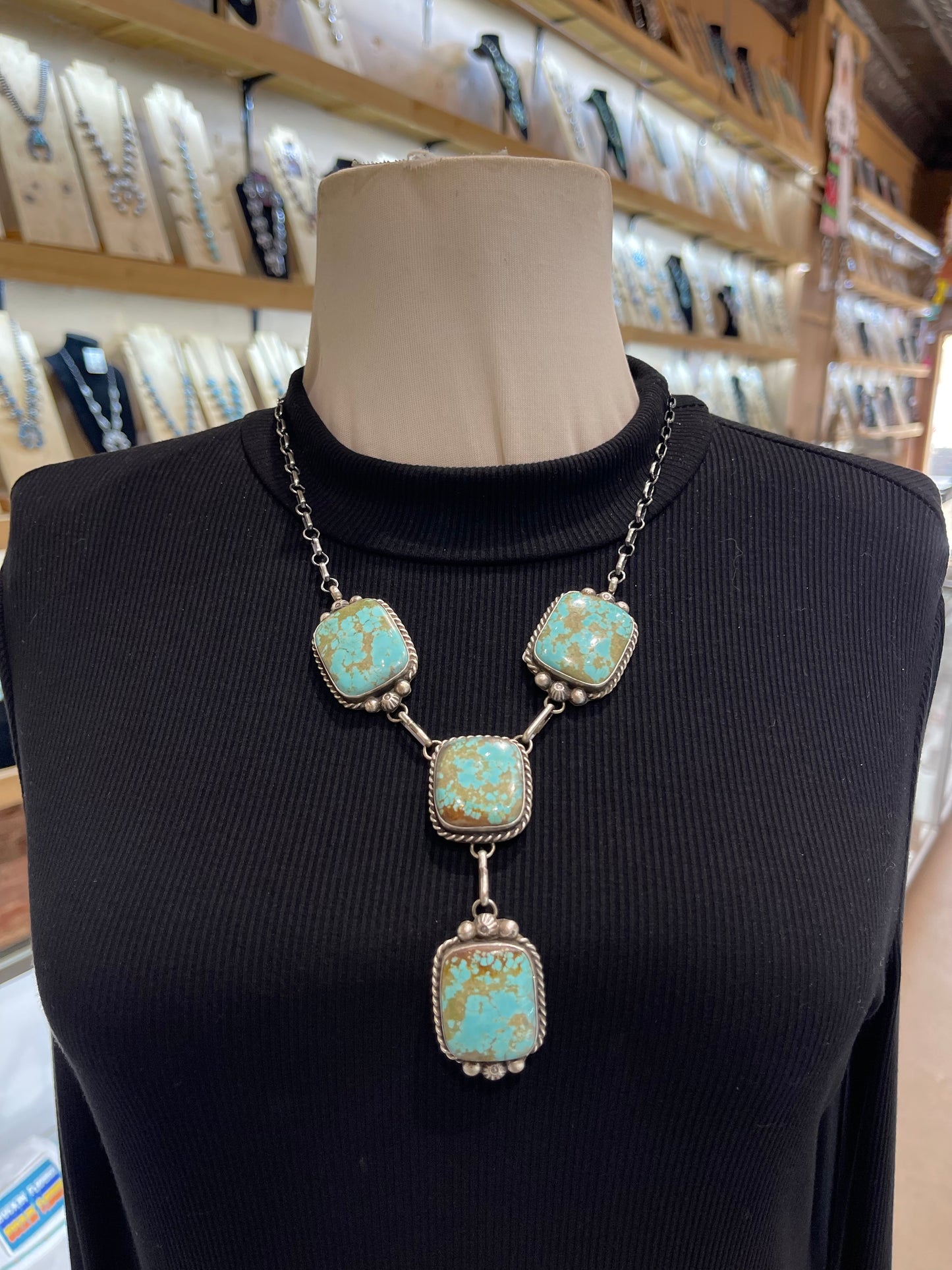 20”+3” #8 Turquoise Square Lariat Necklace Drop & Earring Set by Augustine Largo, Navajo
