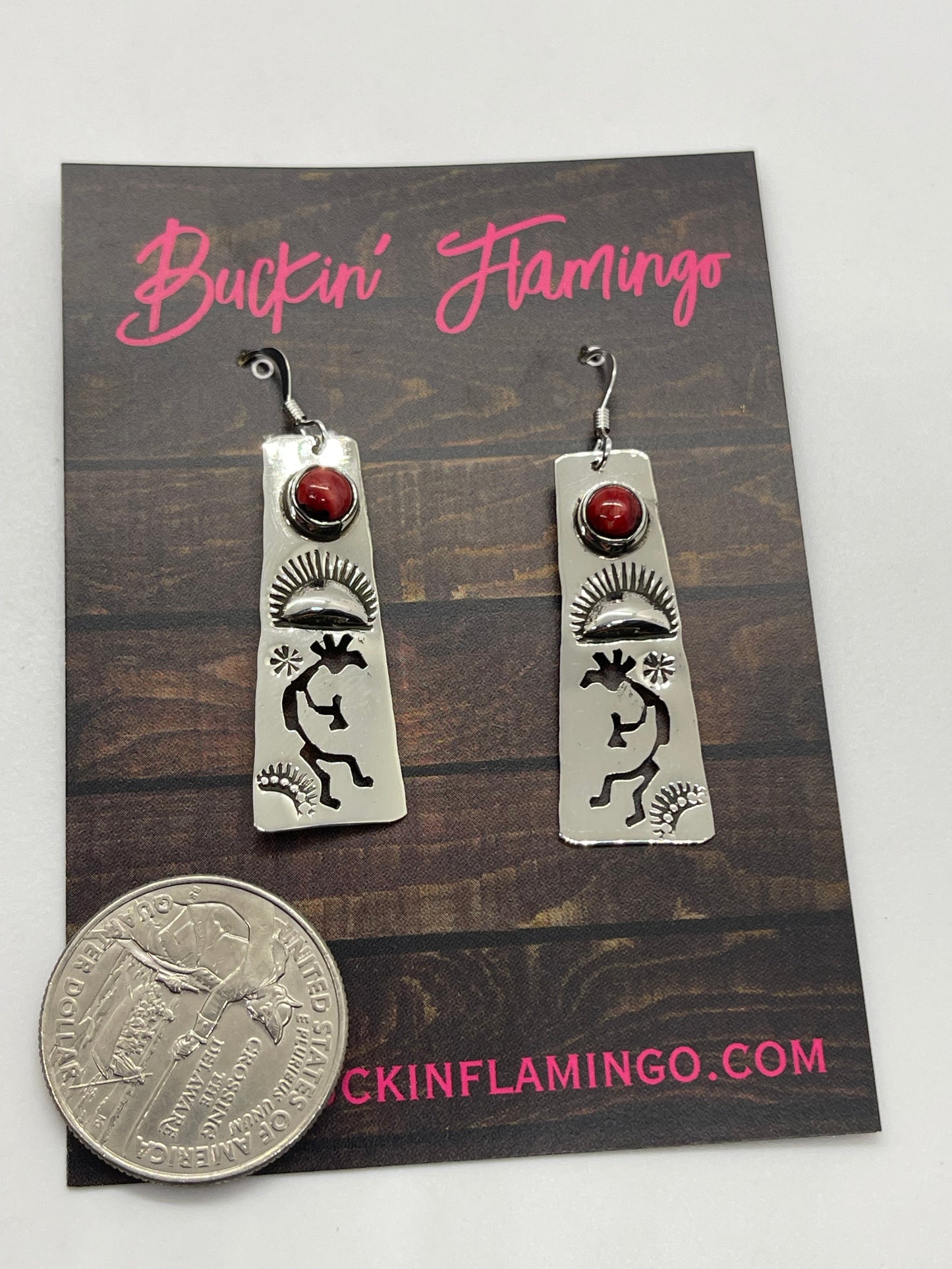 Silver Kokopelli Earrings with Red Coral by Jeff James Jr., Navajo