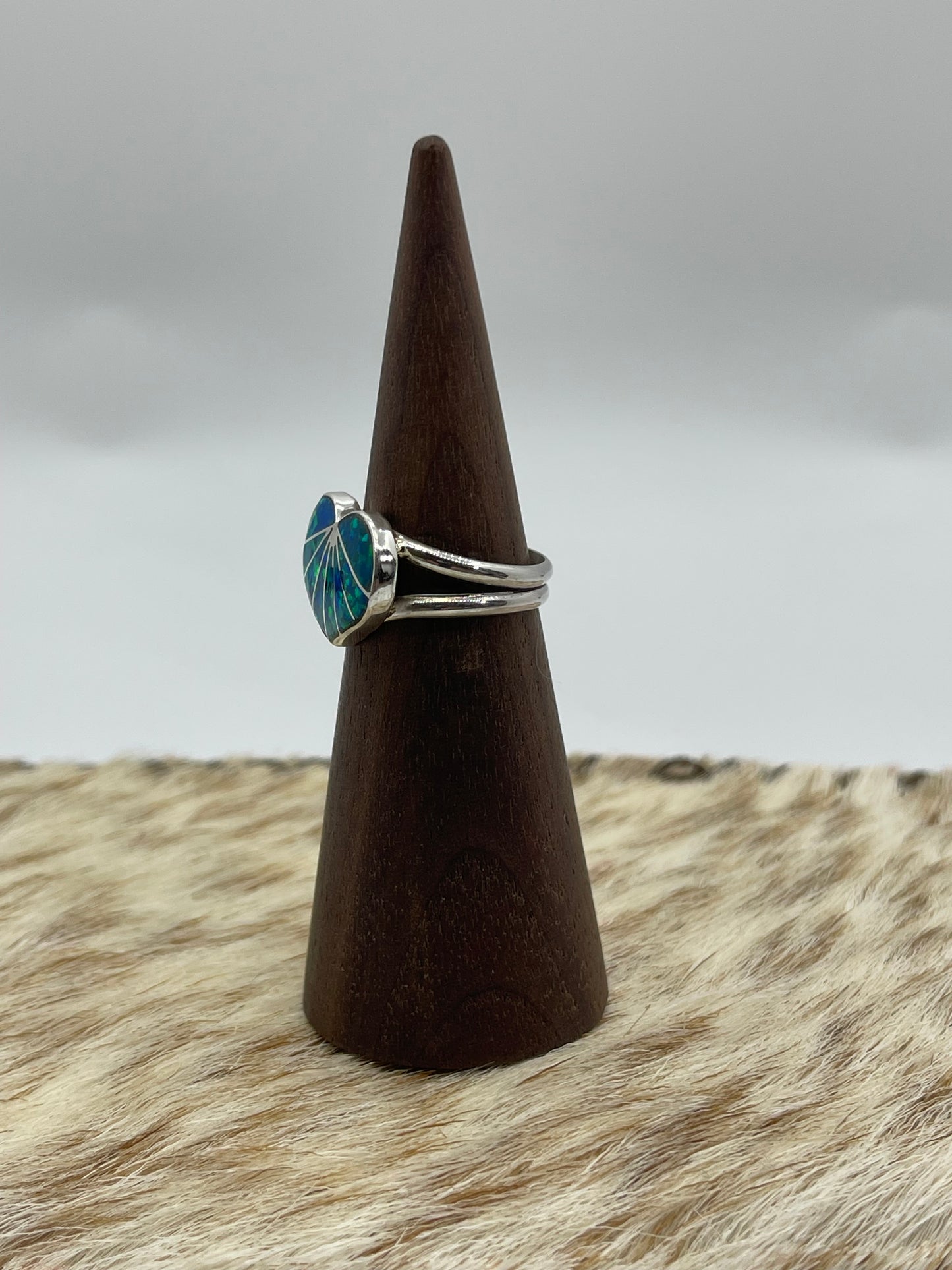 7.0 Green Opal Inlay Heart Ring by Gina Dosedo, Zuni
