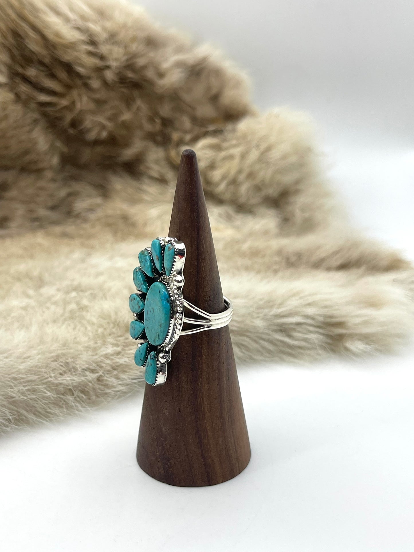 7.0 Half Cluster Turquoise Ring by Jimmy Garcia, Navajo