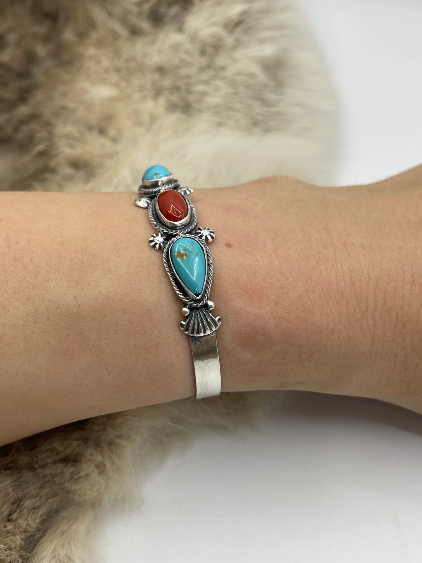 6”-6.5” Turquoise & Red Coral Cuff by Harry B. Yazzie, Navajo