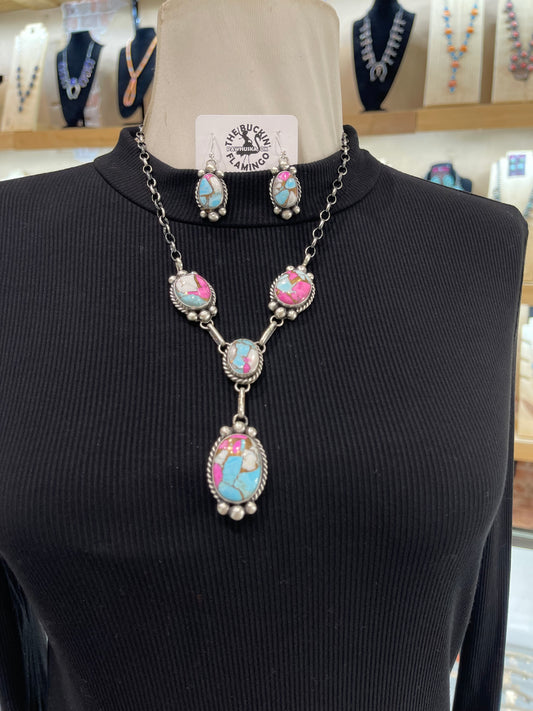 20" Cotton Candy Lariat and Earring Set by Augustine Largo, Navajo