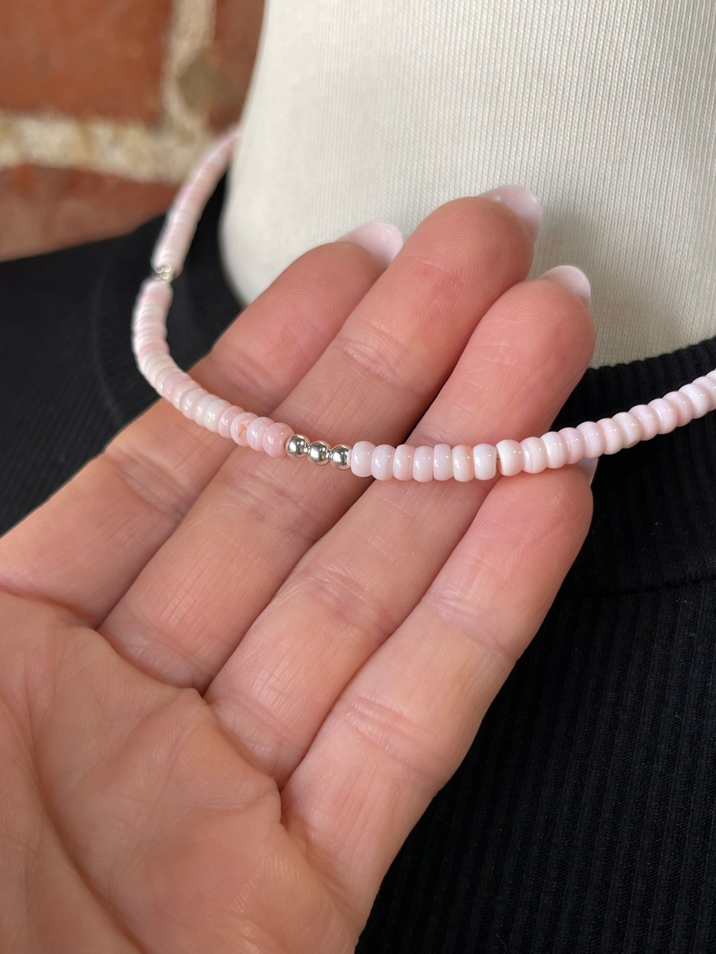 17" Pink Conch Shell and Silver Beaded Necklace by Tammy Nolcott, Navajo