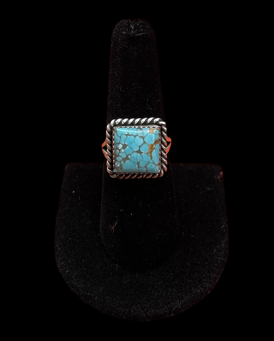 8.0 Kingman Turquoise Square Ring by Freda Martinez, Navajo