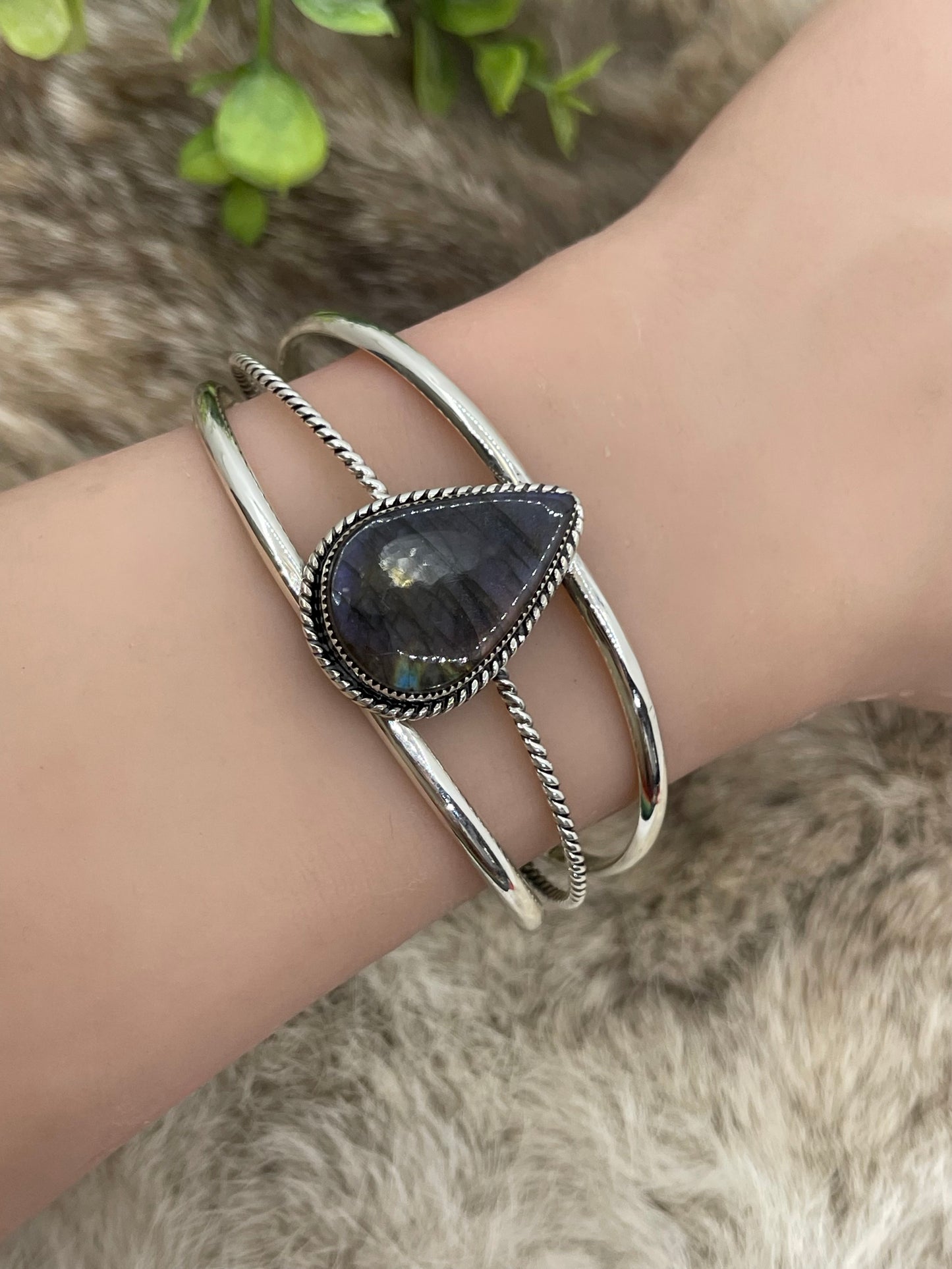 Teardrop Labradorite Silver Cuff Bracelet By Tina Benally, Navajo