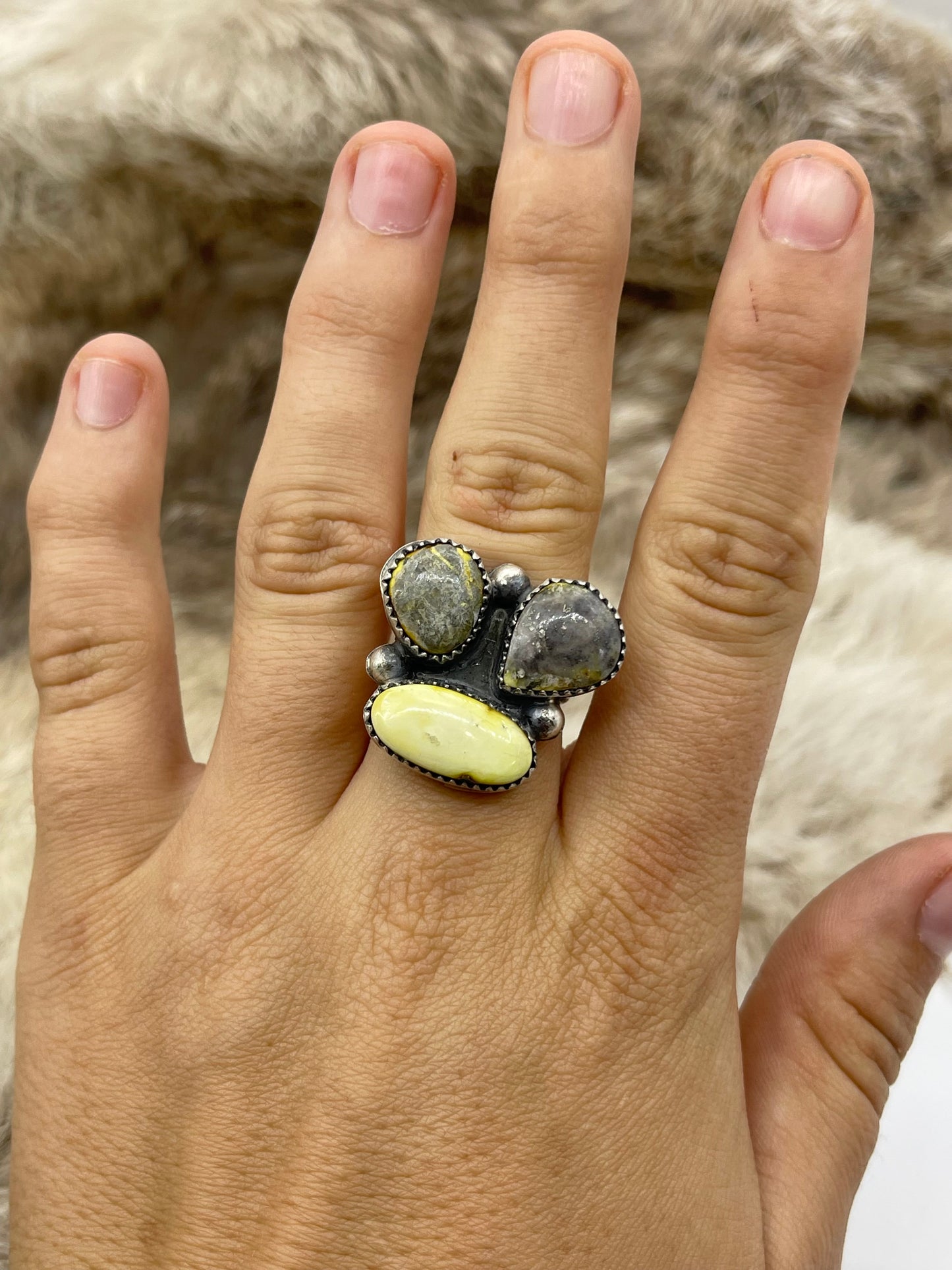 8.0 3 Stone Palomino Turquoise Ring by Phil Nez, Navajo