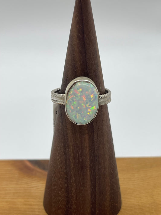 5.0 White Opal Oval Ring by Isabelle Yazzie, Navajo