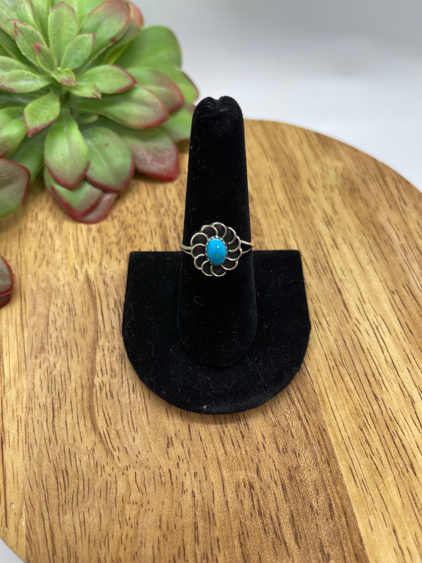 6.0 Sleeping Beauty Turquoise Flower Ring by Sadie Jim, Navajo