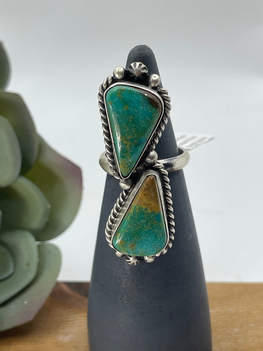 Adjustable Royston Turquoise 2 Stone Ring by Eugene Belone, Navajo