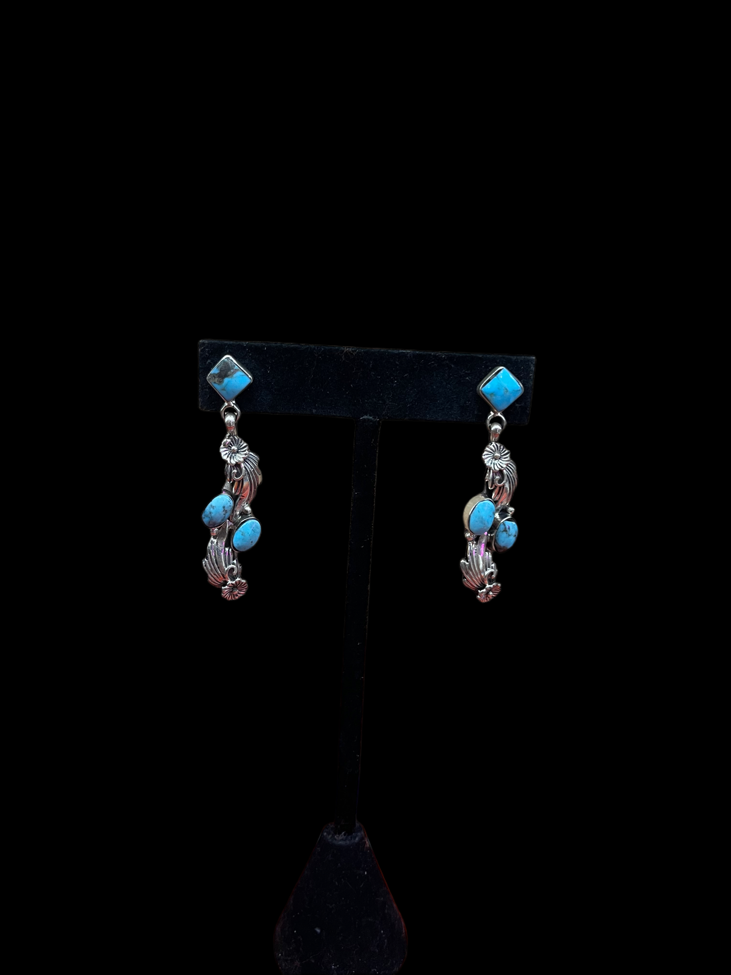 Floral High Grade Kingman Turquoise Post Dangle Earrings