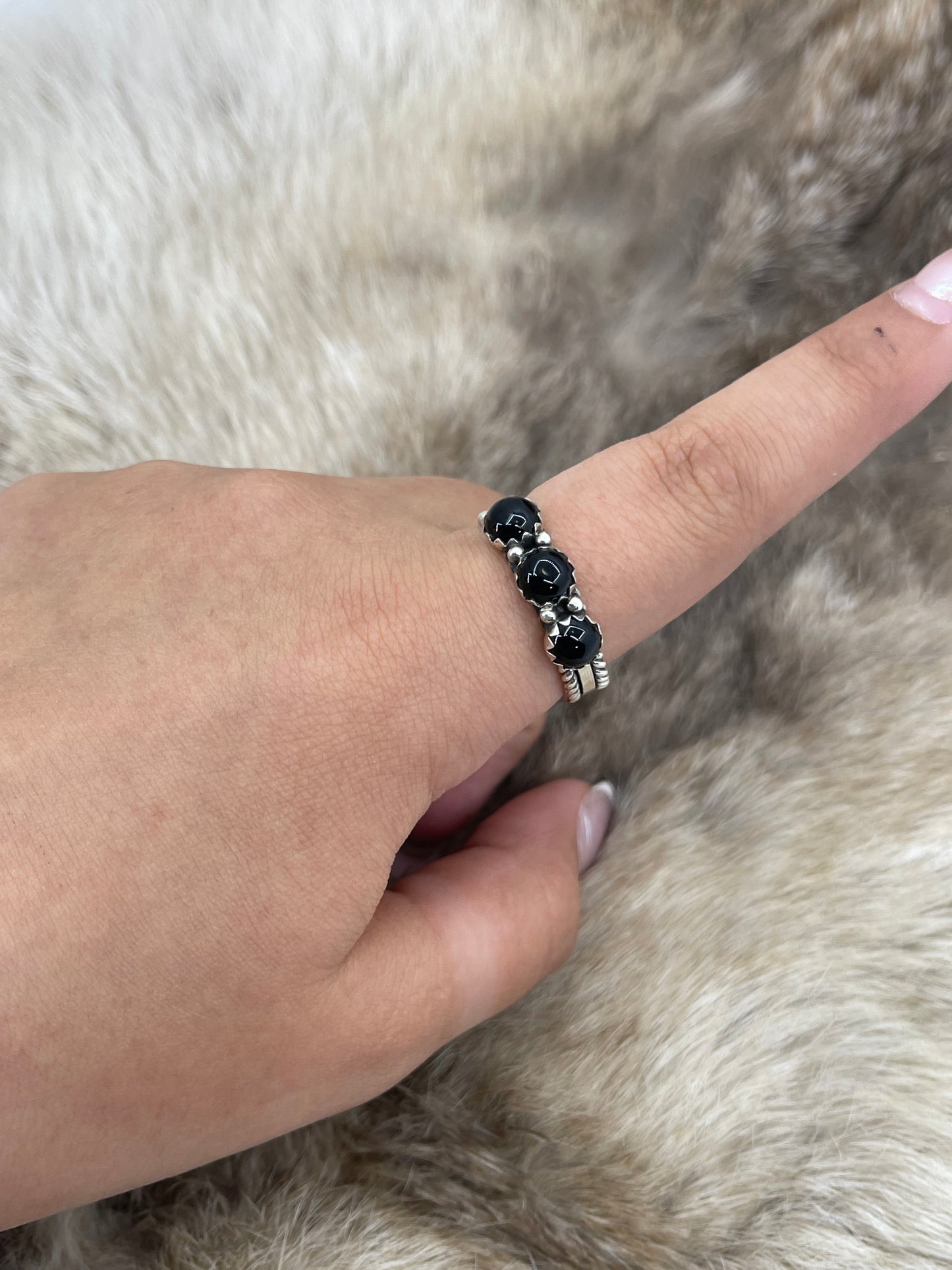 7.5 3 Stone Black Onyx Ring by Ray King, Navajo