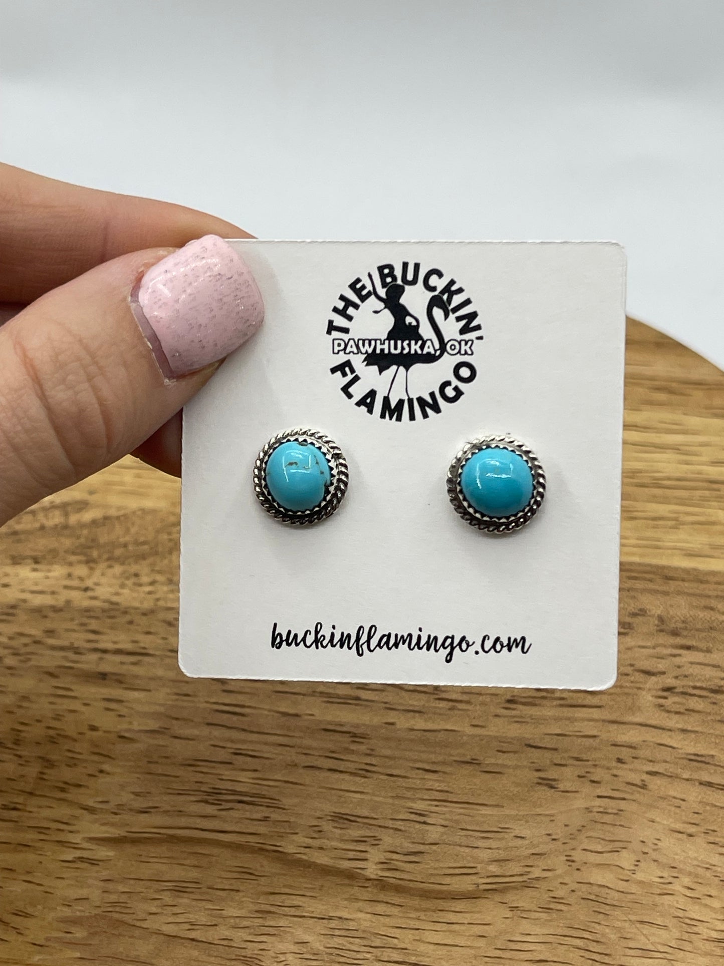 Blue Turquoise Round Post Earrings with Rope Border