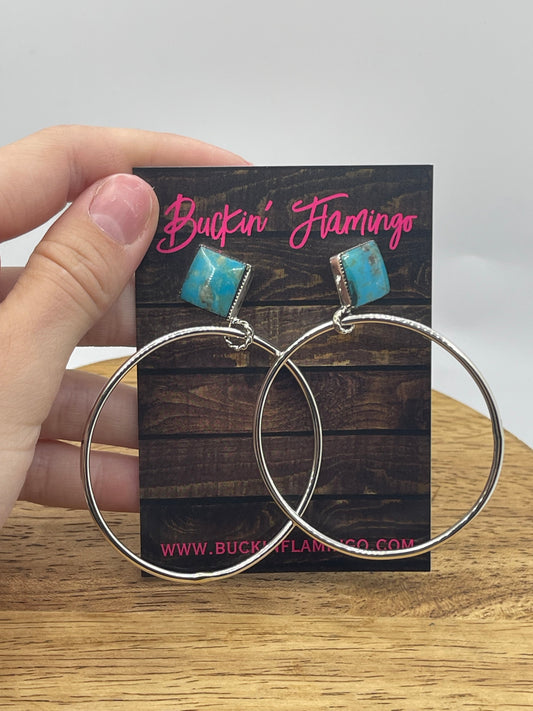 Turquoise Post Hoop Earrings by Ryntanna Yazzie, Navajo