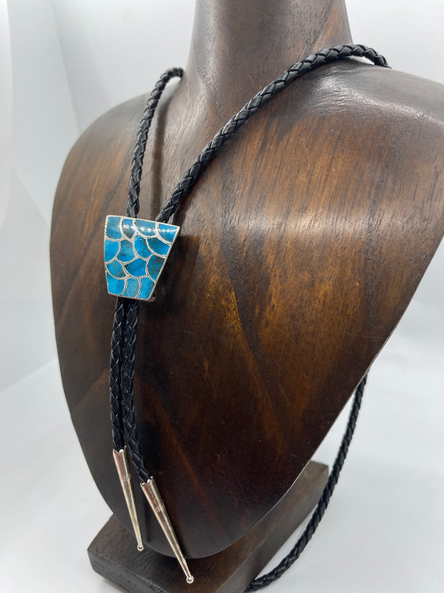 Turquoise Fish Scale Inlay Bolo Tie by Lynelle Johnson, Navajo