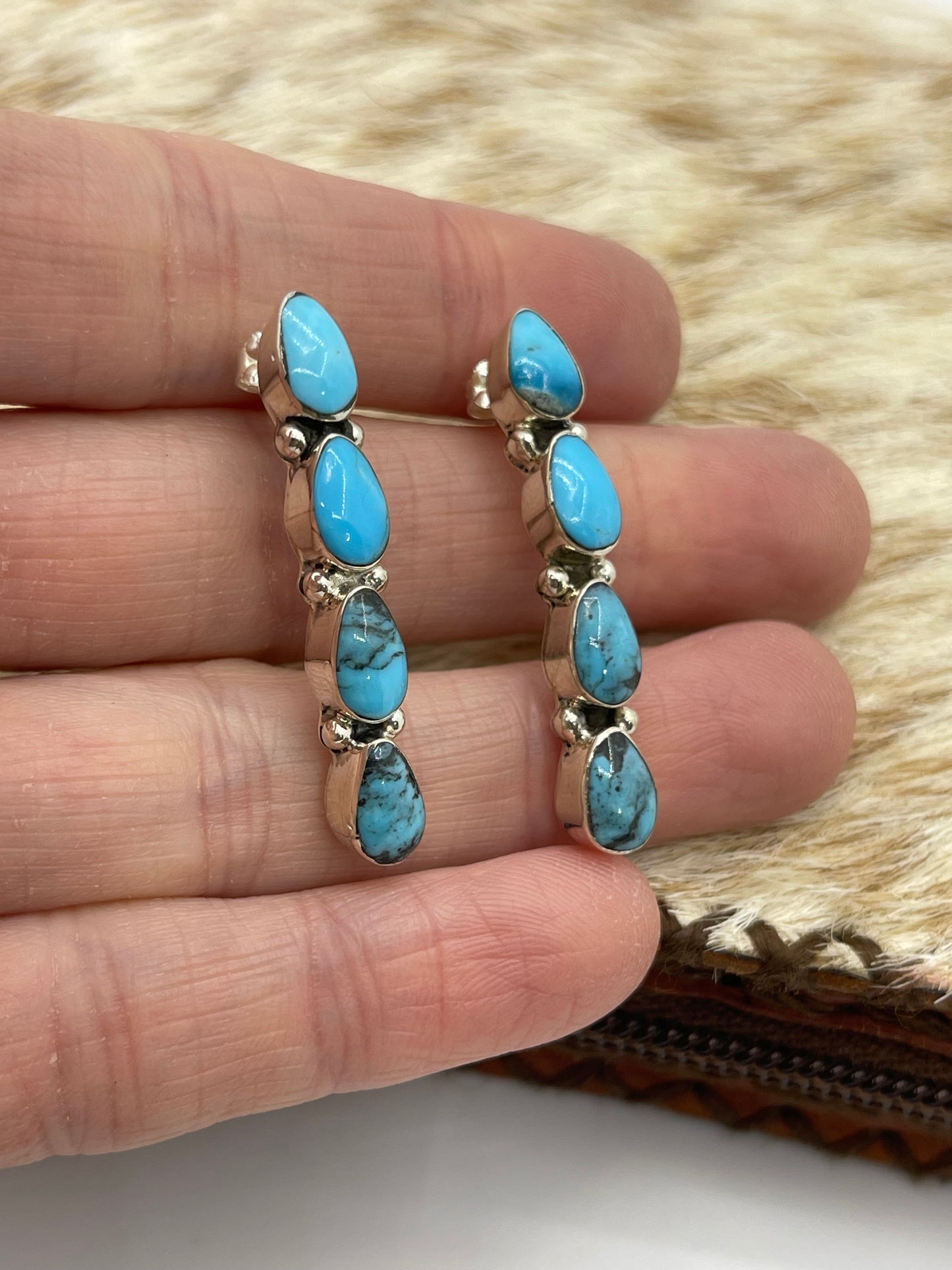4 Stone Kingman Turquoise Drop Earrings by Sadie Jim, Navajo