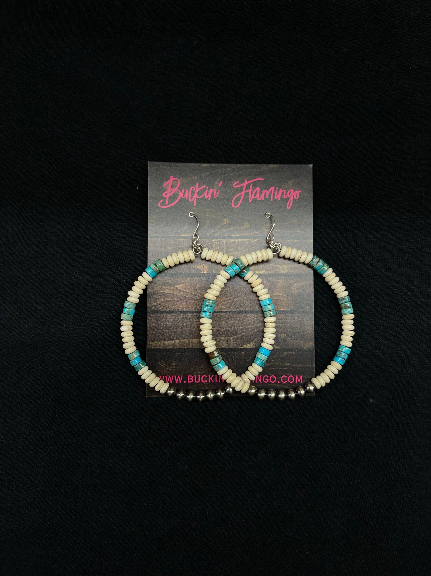 Turquoise, Melon Shell, and 4mm Navajo Pearl Dangle Hoop Earrings