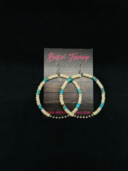 Turquoise, Melon Shell, and 4mm Navajo Pearl Dangle Hoop Earrings