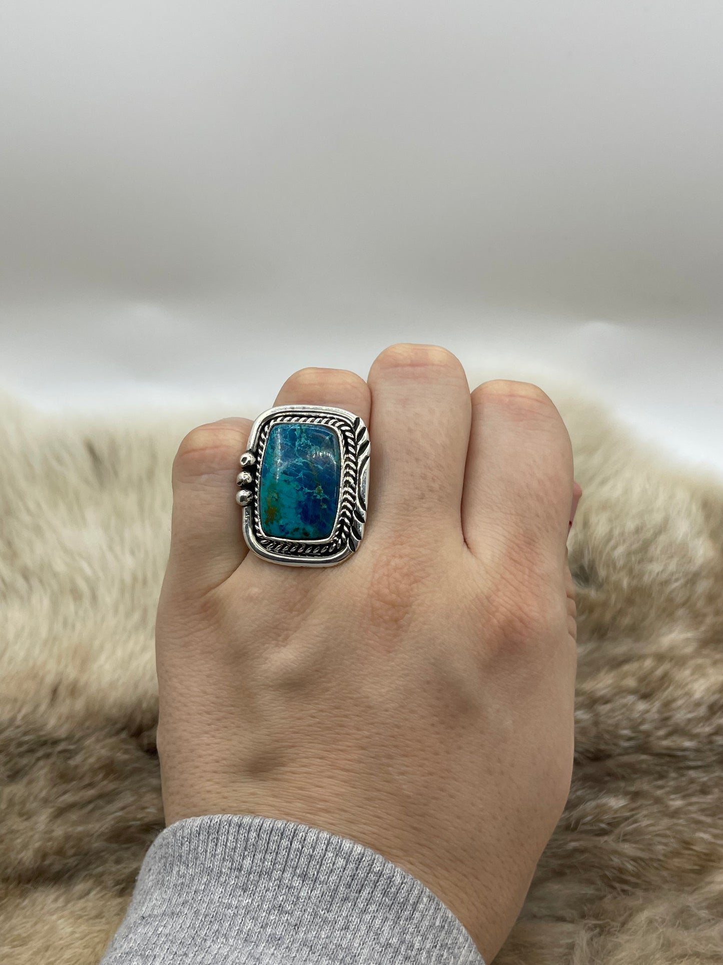 8.0 Square Azurite Chrysocolla Ring By Ray Tom, Navajo