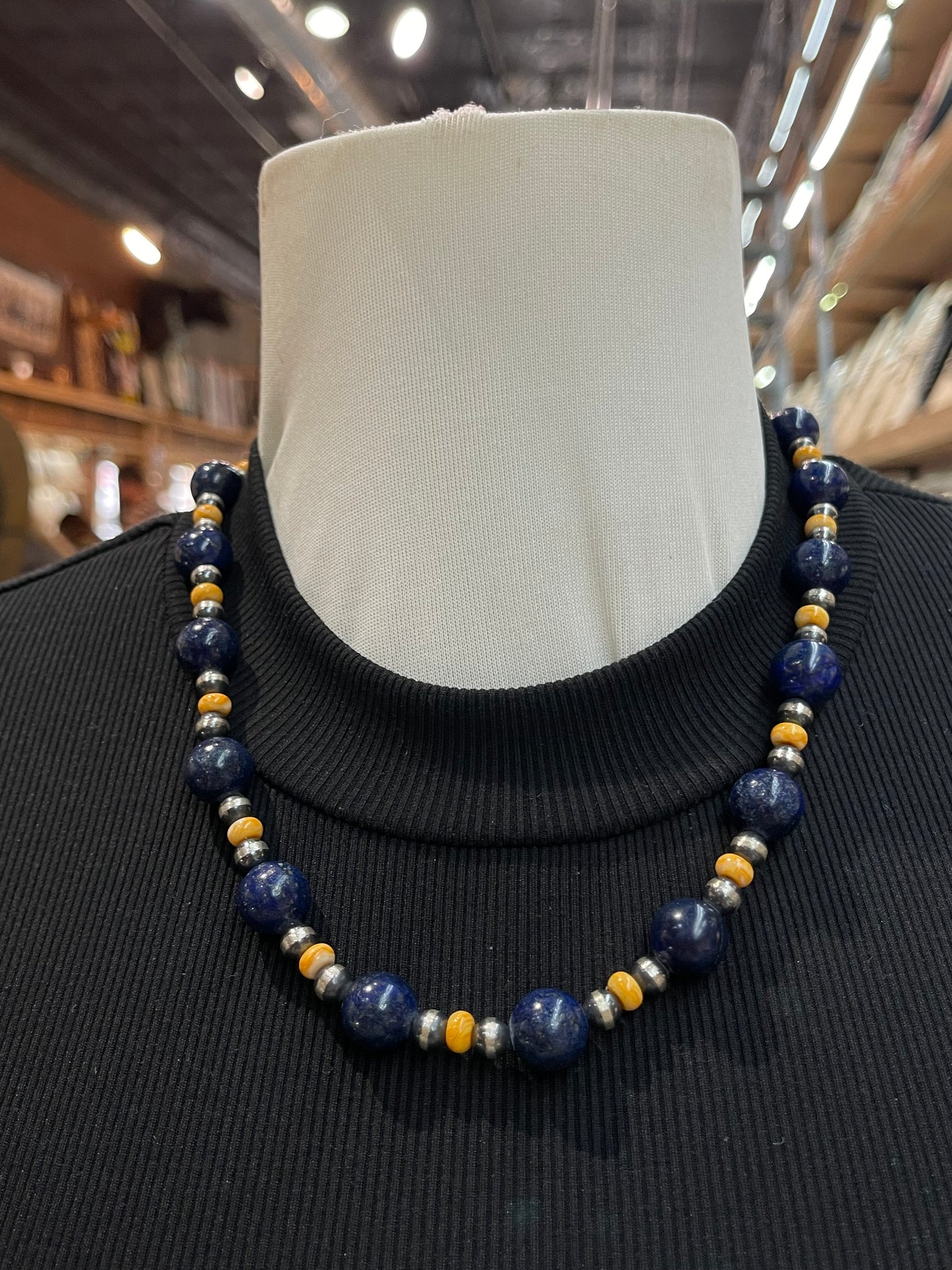 20" Lapis and Orange Spiny Oyster Necklace