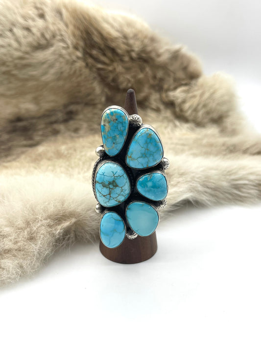 Adjustable (6.0-10.) High Grade Kingman Turquoise Half Cluster Ring by Thompson Piaso, Navajo