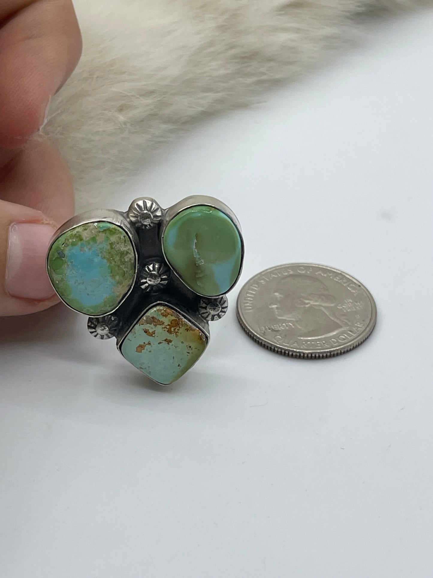 3 Stone Sonoran Gold Turquoise Adjustable (7.0-10.0) Ring by Happy Piasso, Navajo