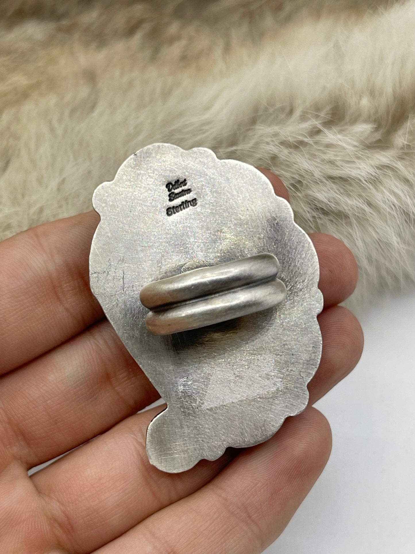 Adjustable (8.0-10.0) Golden Hills Turquoise & Wild Horse Heavy Silver Ring by Delbert Secatero, Navajo