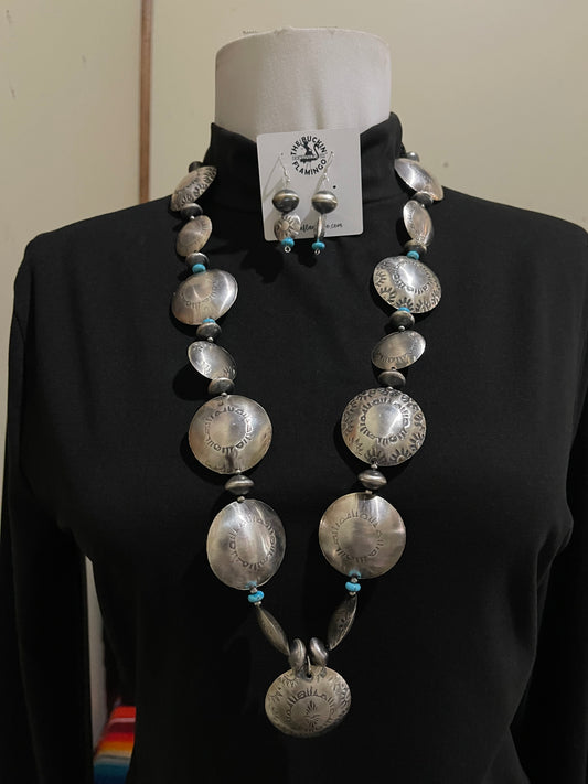 30" 35mm Turquoise and Stamped Silver Pearl Pillow Beaded Necklace and Earrings Set by Tylena Nez, Navajo