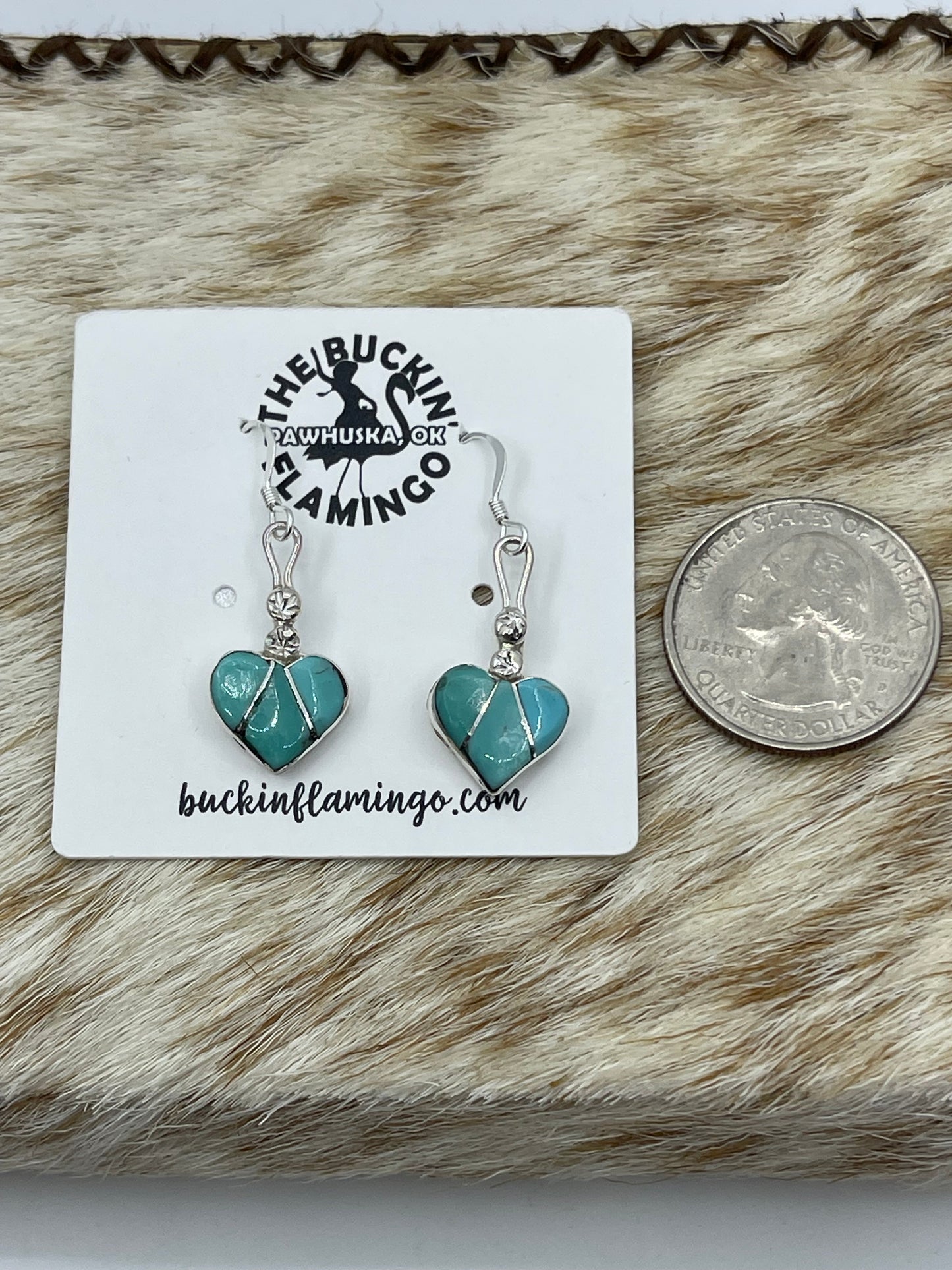 LOT 53 B 1/25    Inlaid Turquoise Heart Dangle Earrings by Ola Eriacho, Zuni