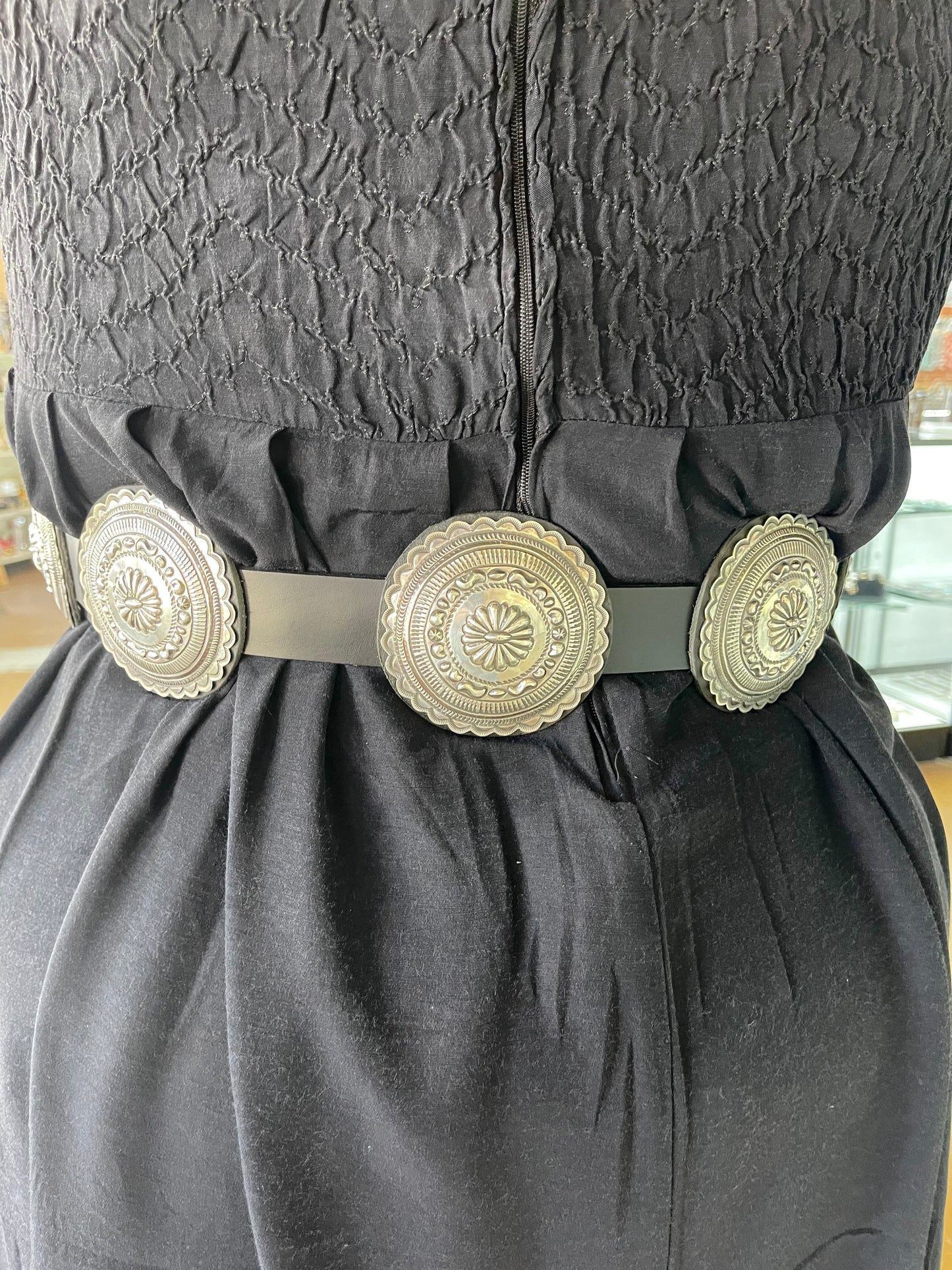 60" Stamped Concho Belt on Black Leather by Eugene Charley, Navajo