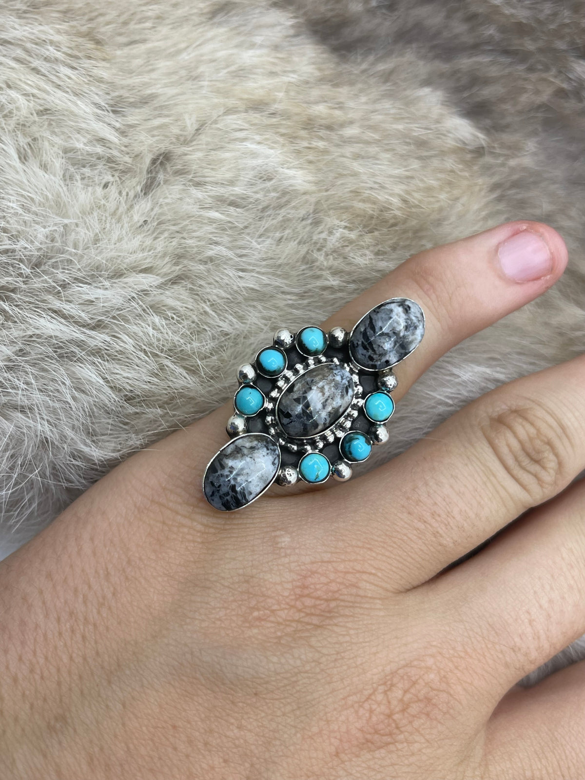 7.0 White Buffalo & Sleeping Beauty Turquoise Ring by David Lopez, Navajo