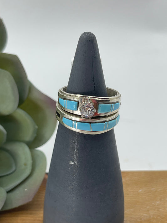 9.5 Sleeping Beauty Turquoise and Cubic Zirconia Engagement Ring and Wedding Band Sets