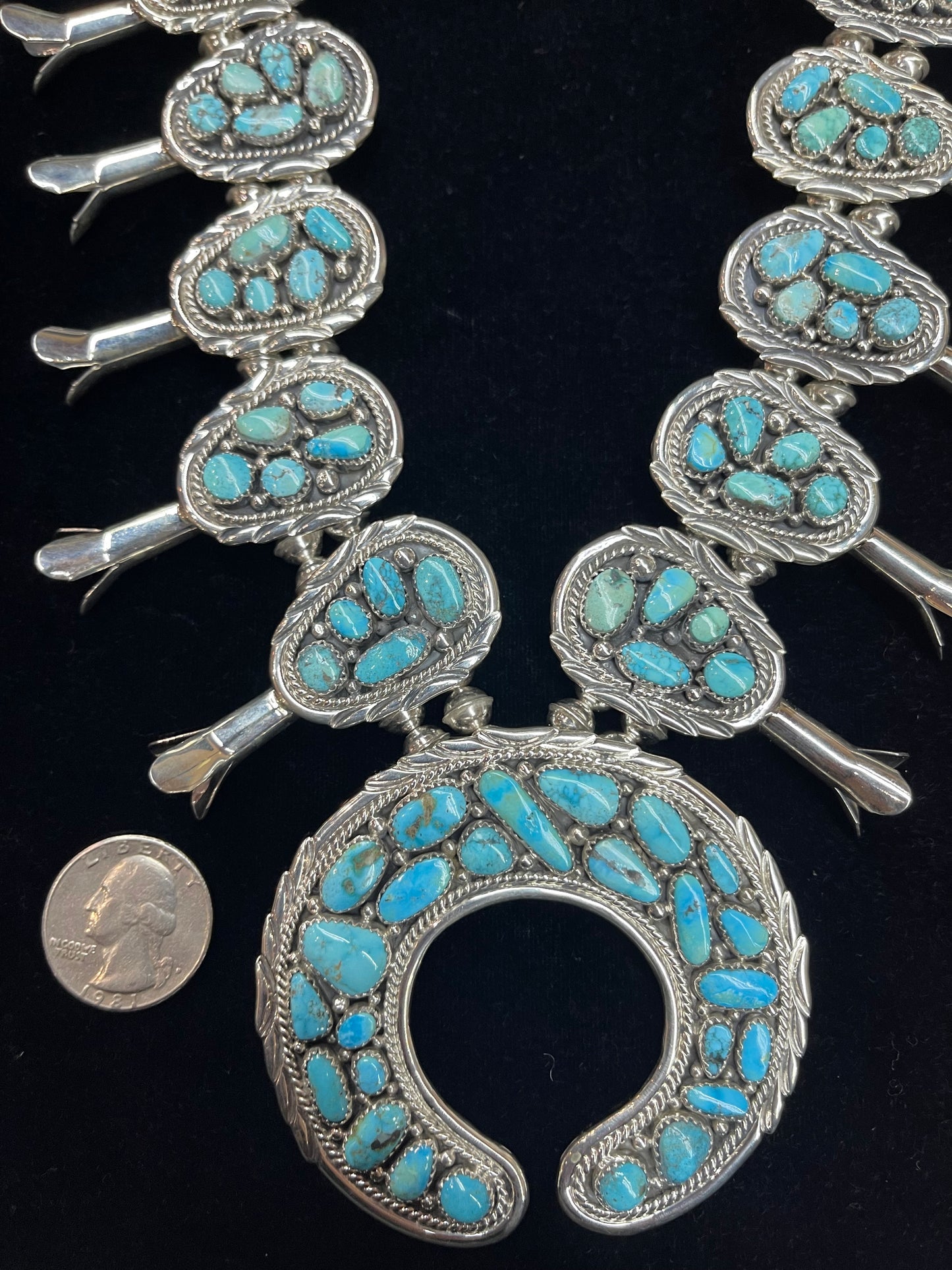 24" Kingman Turquoise Squash Blossom with Matching Dangle Earrings by A. Spencer, Navajo