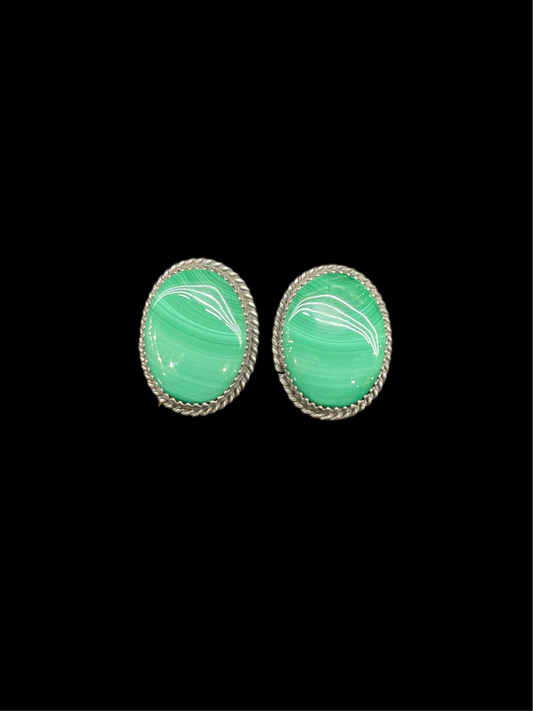 Oval Malachite Post Earrings by Freda Martinez, Navajo