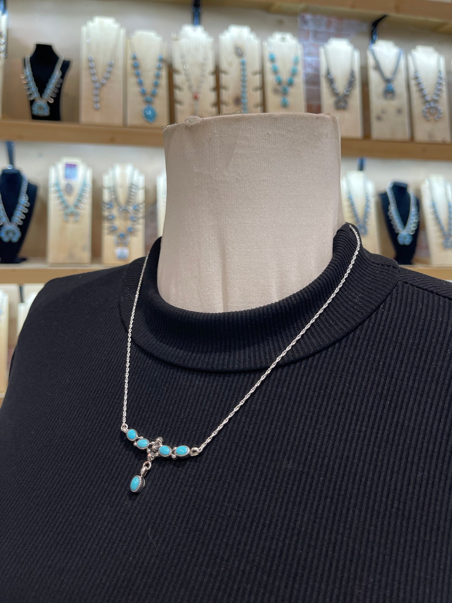 19" Dainty 5 Stone Turquoise Lariat Necklace by Verley Betone, Navajo