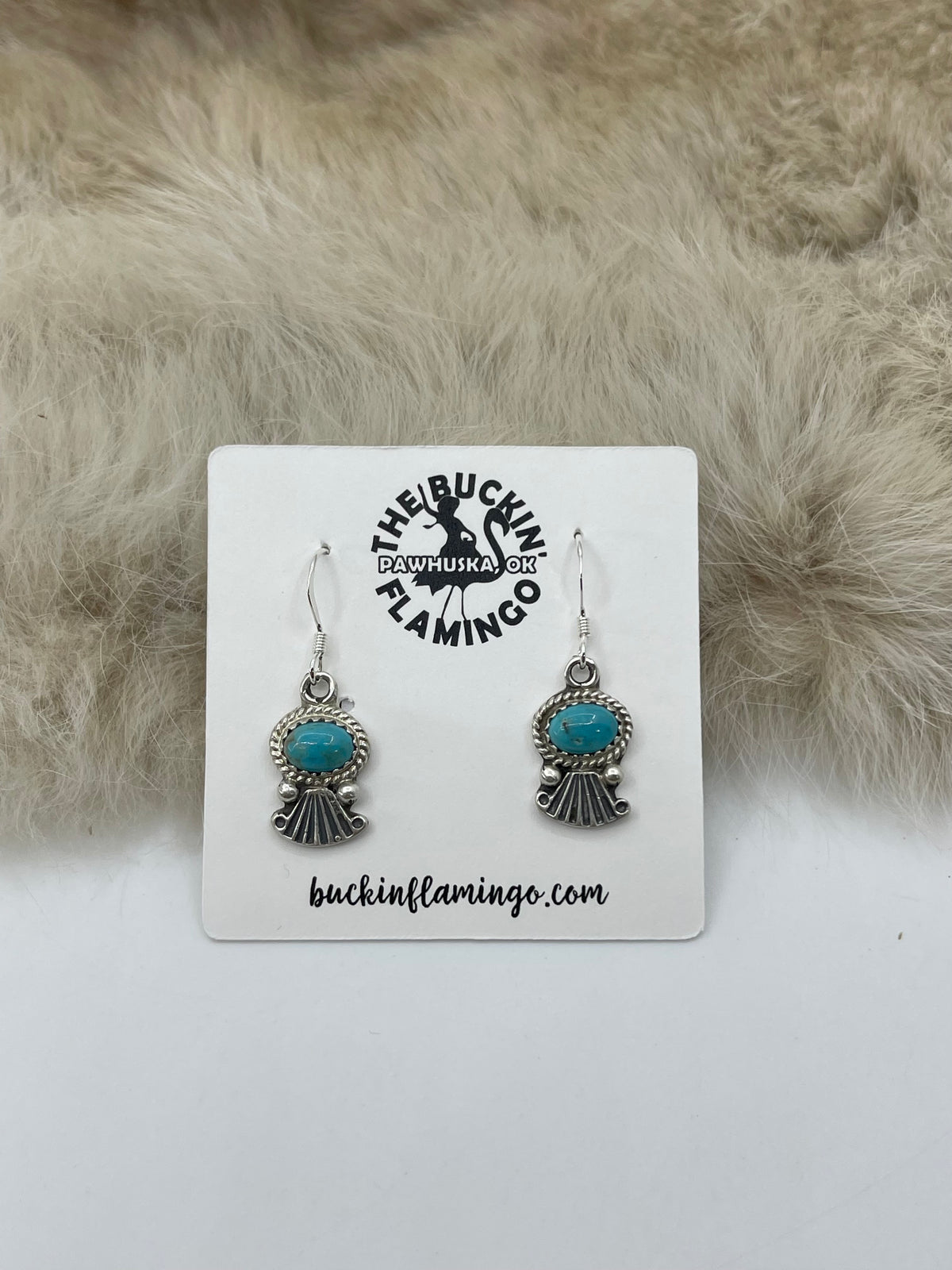 Tiny Turquoise Dangle with Silver Fan Design Earrings by Sharon McCarthy, Navajo