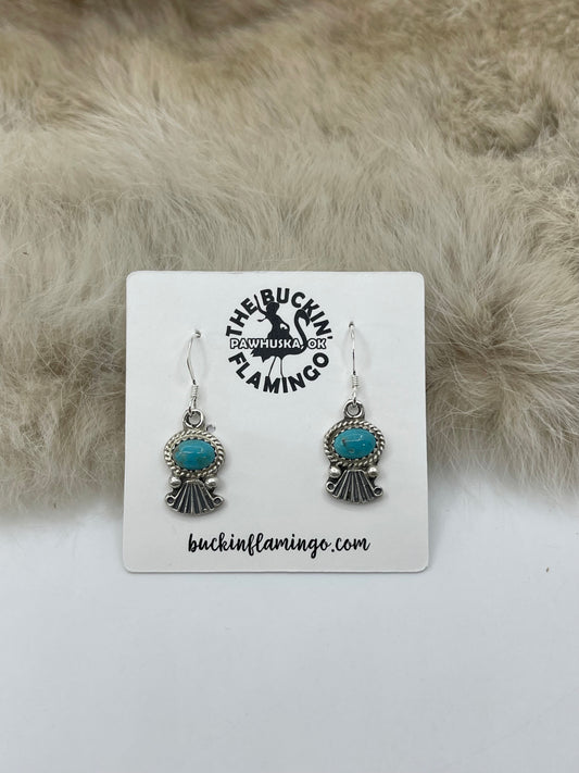 Tiny Turquoise Dangle with Silver Fan Design Earrings by Sharon McCarthy, Navajo