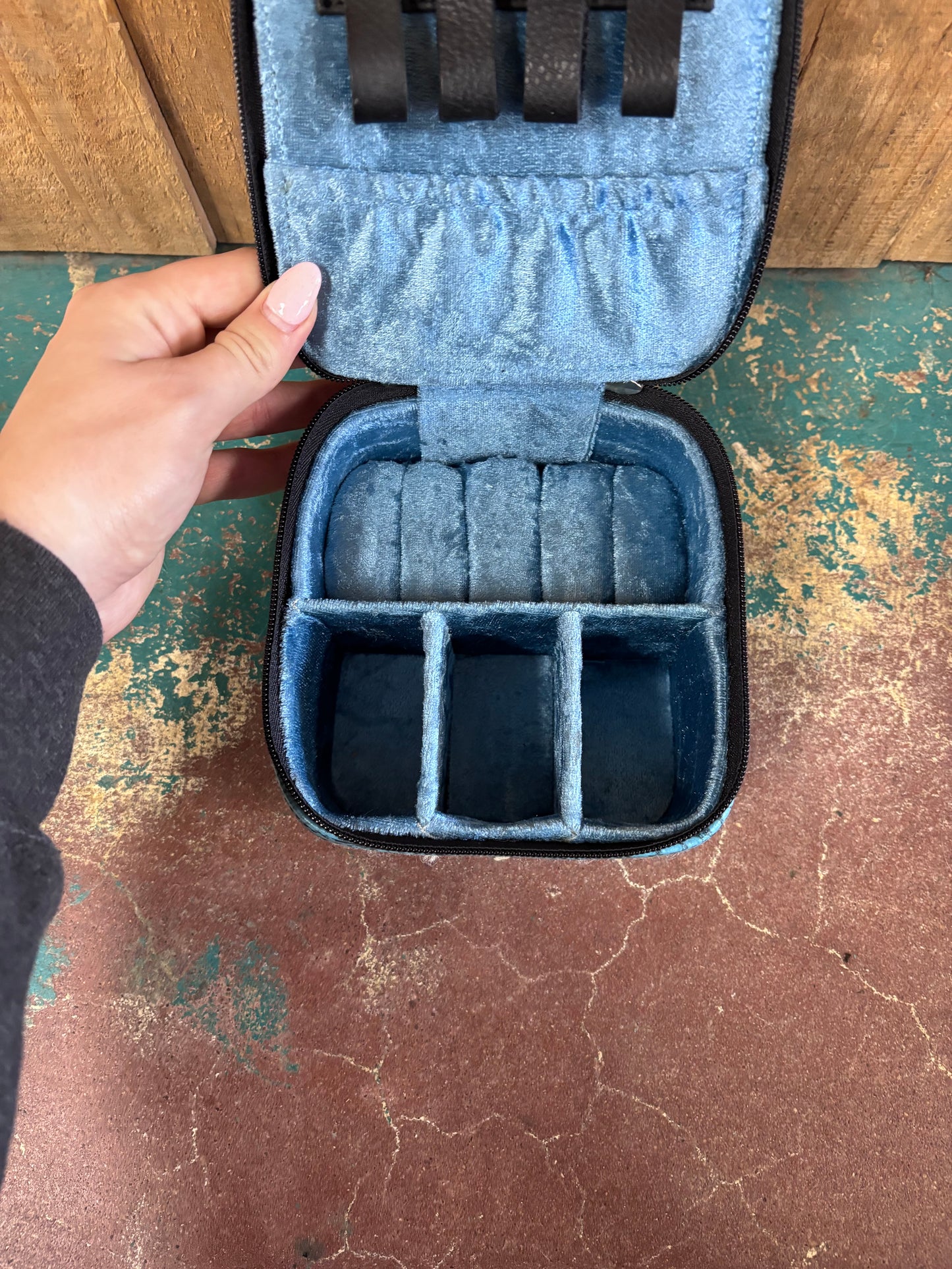 Small Square Black Cowhide Blue And White Knitted Jewelry Box