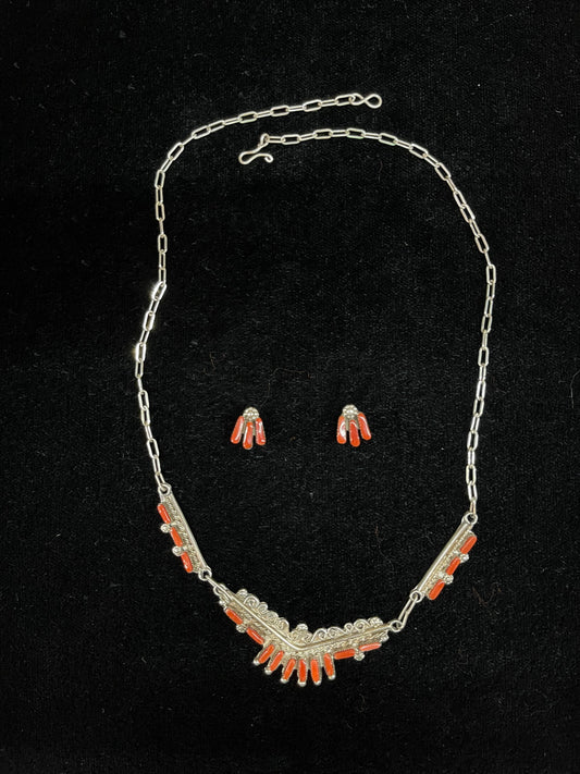 Red Coral Necklace and Earring Set by Jeremy Neha, Zuni