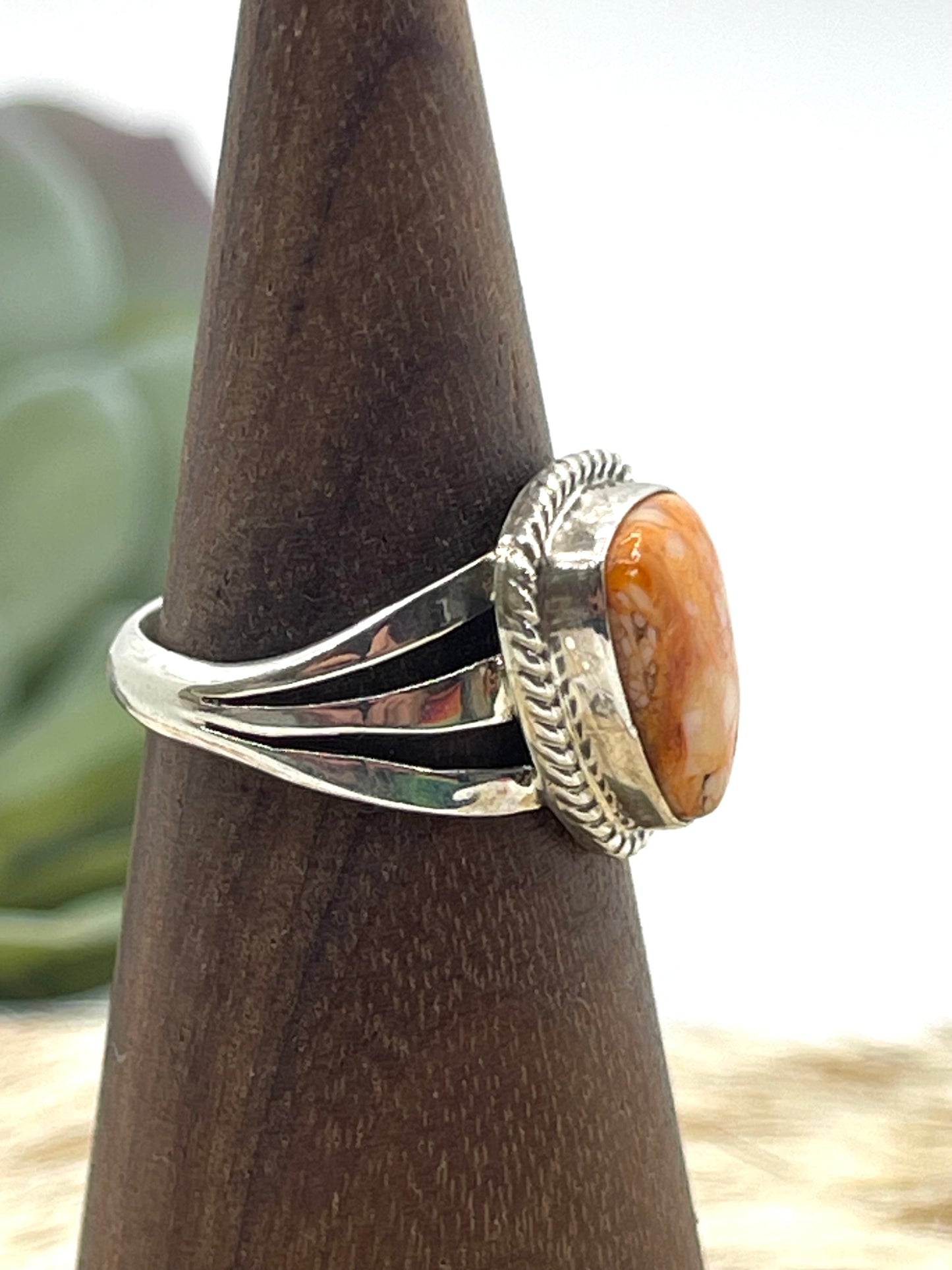 6.5 Orange Spiny Oyster Shell Triangle Ring by Tom Dinetso, Navajo
