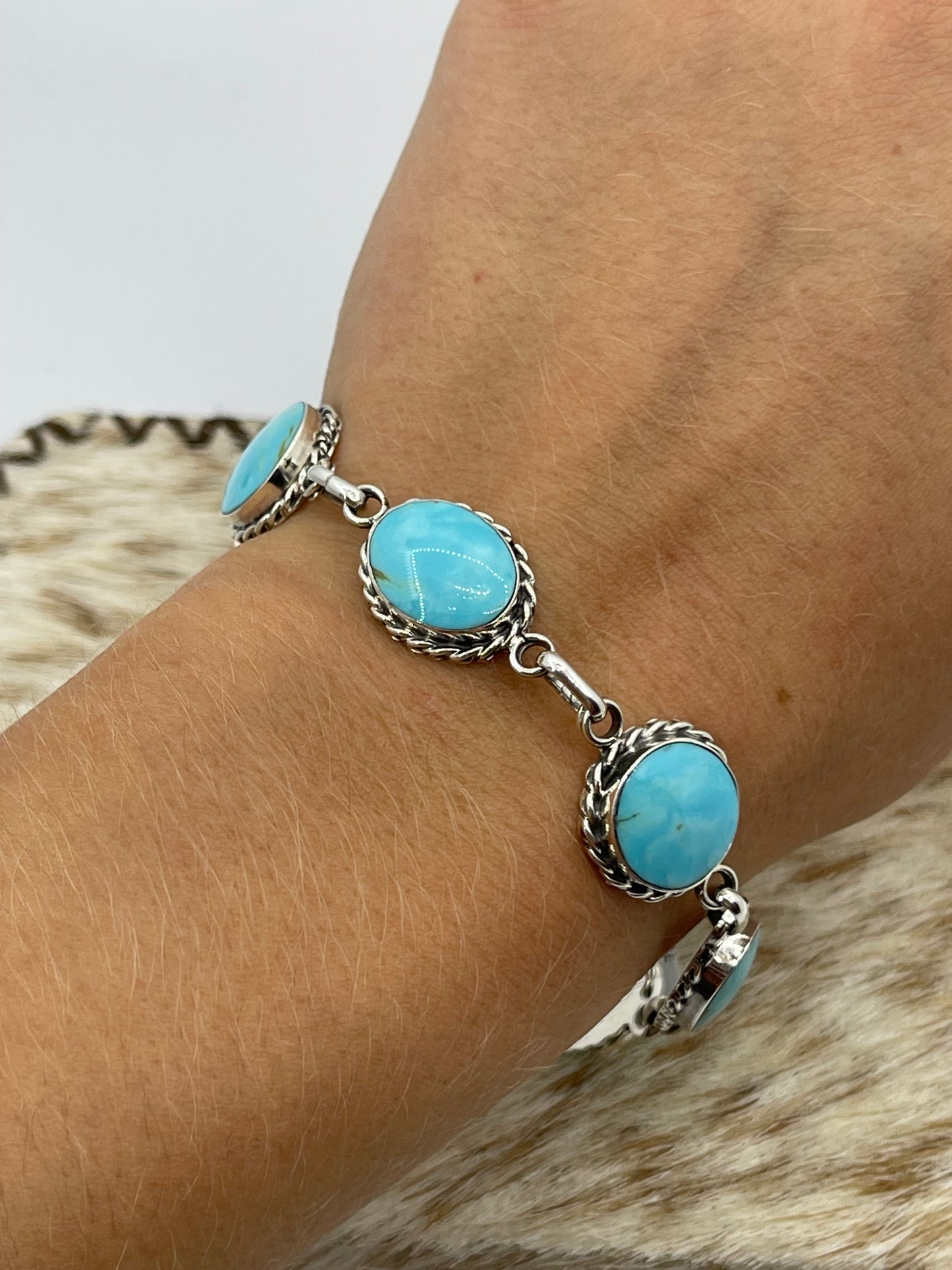 7 1/2"-9 1/2" 7 Stone Turquoise Linked Bracelet by Arlene Lewis, Navajo