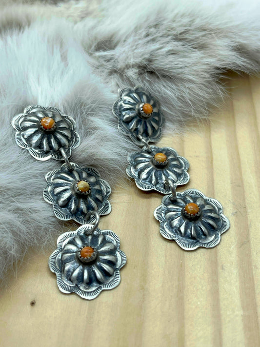 Orange Spiny Oyster Shell 3 Concho Post Dangle Earrings, Navajo